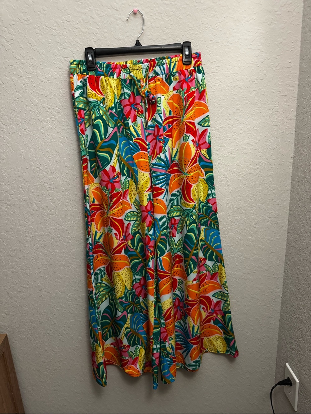 Pink Lily Vibrant Tropical Wide Leg Pants in Orange, Pink, Green, Blue